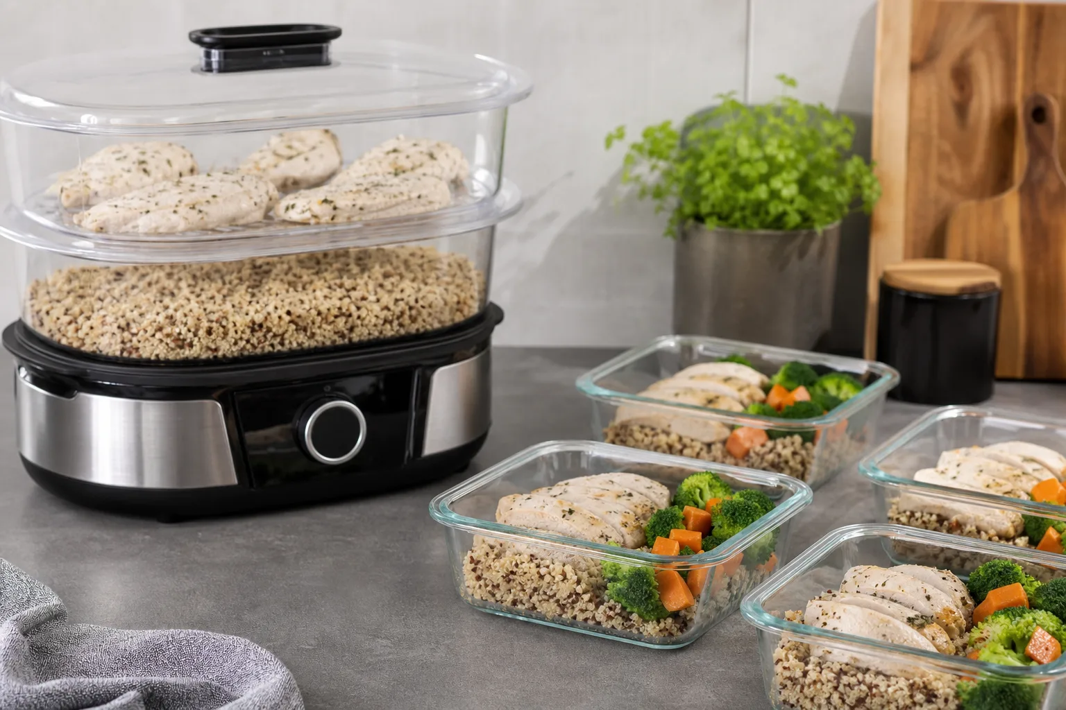 Dampfgarer: Meal-Prep Haehnchen mit Quinoa fuer die Woche